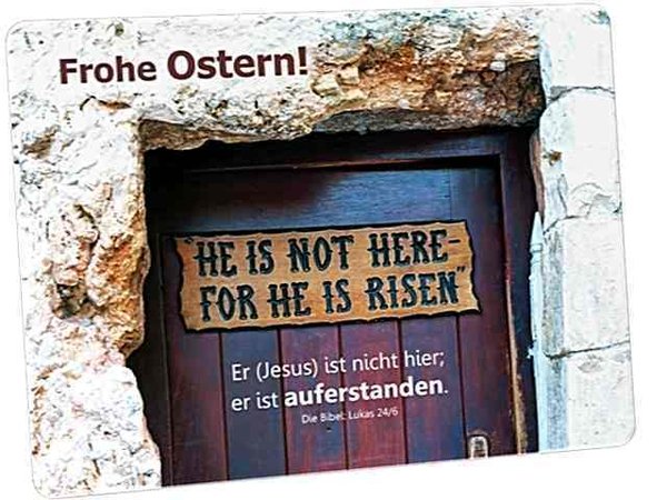 Christliche Osterkarte: Tafel an der Tür zum Gartengrab