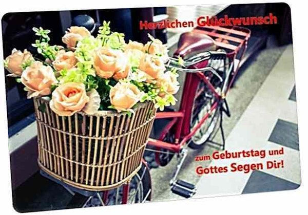 Christliche Geburtstagskarte - Blumenstrauß im Fahrradkorb - Vintage Style - Postkarte