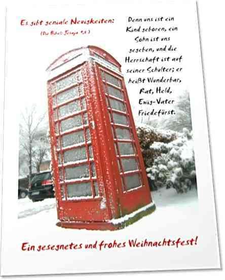Christliche Weihnachtskarte: Vereiste britische Telefonzelle