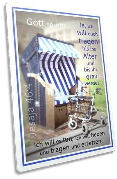 Christliche Postkarte: Gehwagen vor Strandkorb - Jes. 46,4
