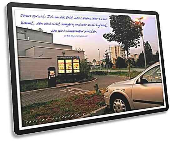 Christliche Postkarte: Parkplatz Schnellrestaurant