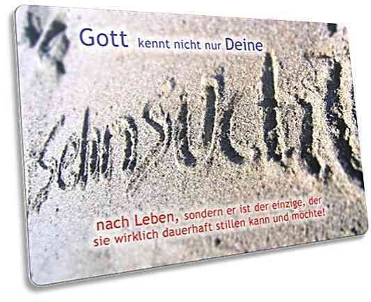 Christliche Postkarte: Das Wort Sehnsucht in Sand geschrieben