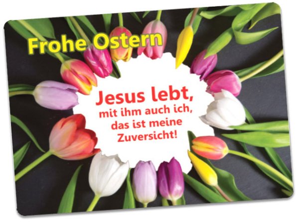 Christliche Osterkarte: Kreis bunter Tulpen