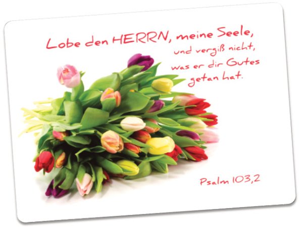 Christliche Postkarte: Bunter Tulpenstrauß - Psalm 103,2